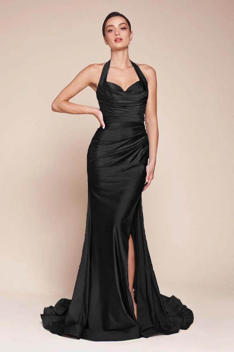 Halter Sleeveless Split Mermaid Long Prom Dress With Pleated BMBRIDE