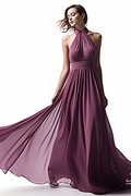 Chiffon Prom Dress Halter Purple Sleeveless Long Pleated Ruffles