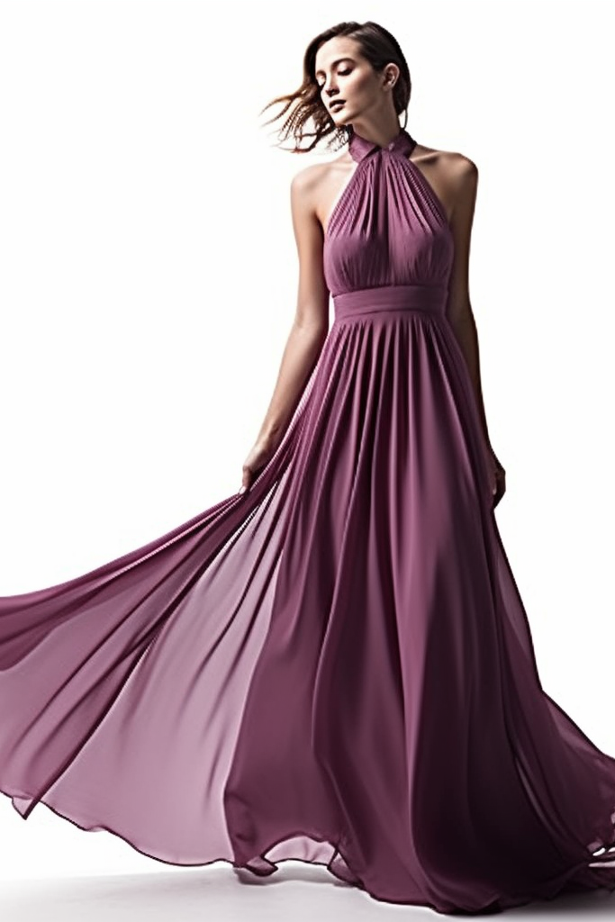 Chiffon Prom Dress Halter Purple Sleeveless Long Pleated Ruffles
