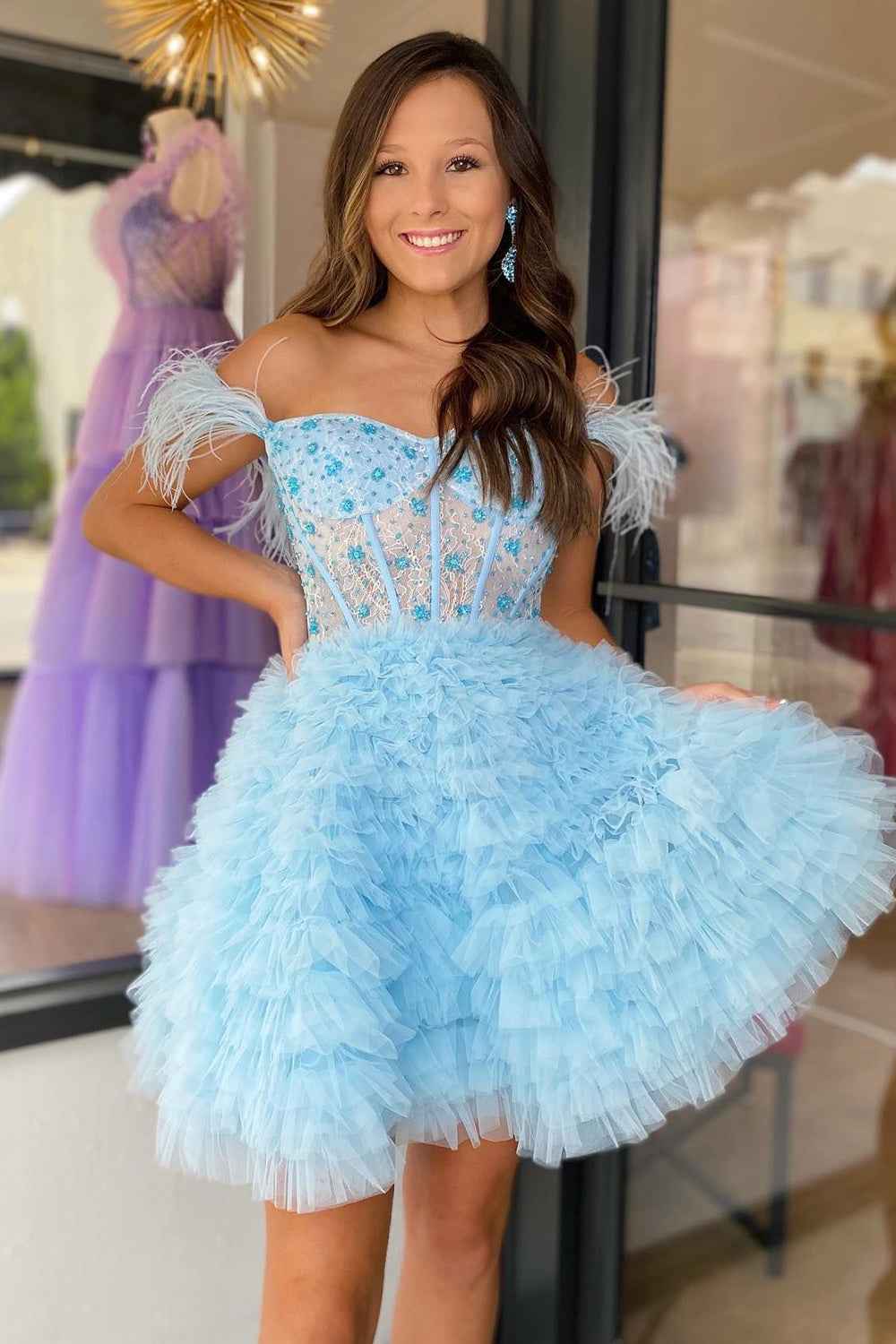 Sparkly Purple Corset A-Line Short Homecoming Dress with Feathers Bmbride