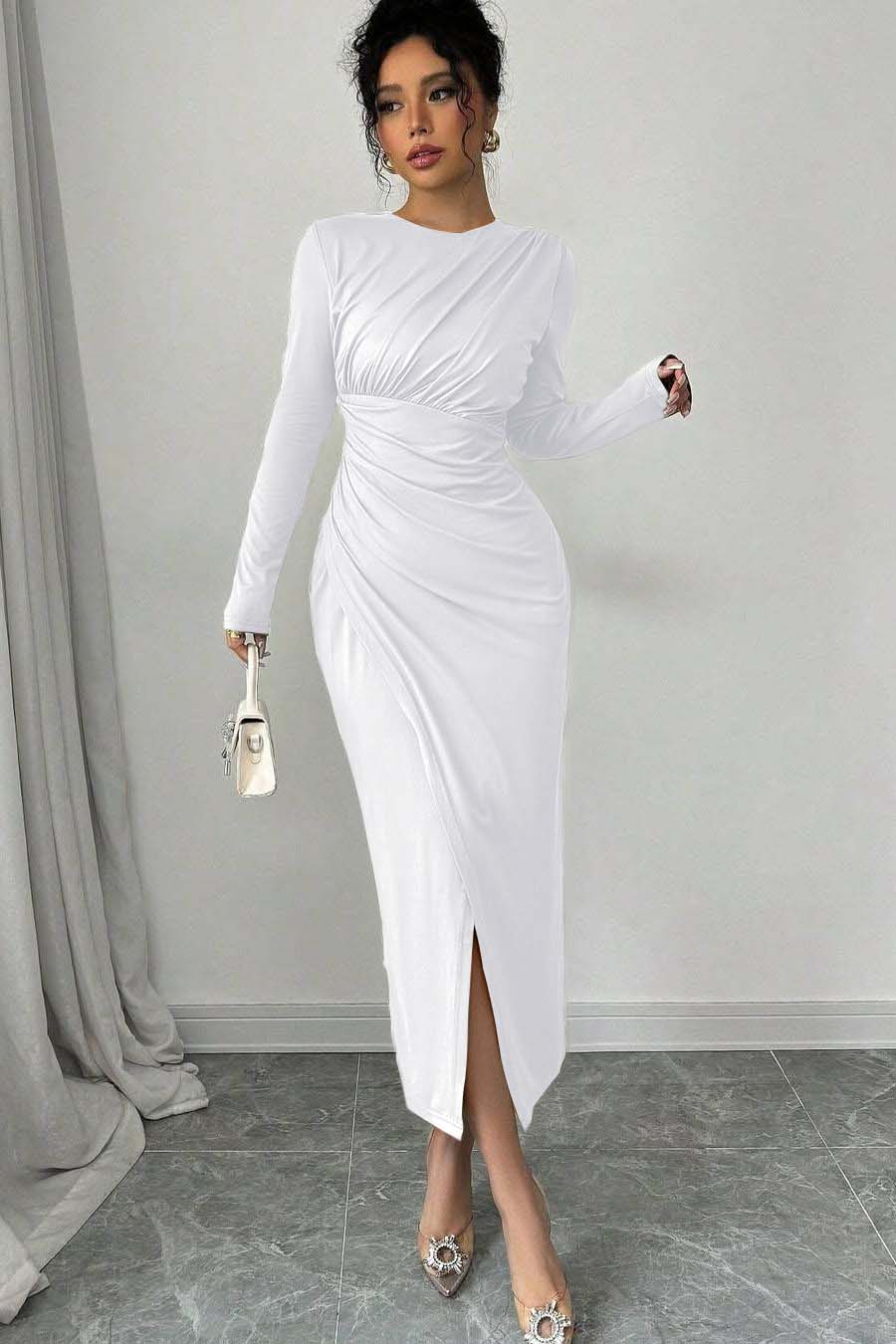 Long Sleeves Jewel Neck Tea Length Prom Dress With Split Pleated BMBRIDE