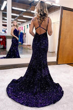 Chic Sequins Long Evening Dress with V Neck Spaghetti Straps BM bride