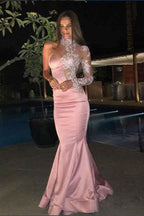 Pink Glamorous High Neck One Shoulder Mermaid Long Prom Dress Long Sleeve