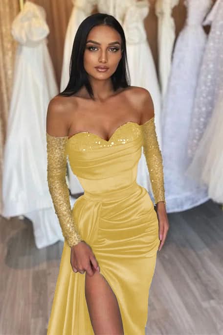 Black Prom Dress Sweetheart Short Sleeves with Pleated Slit BM bride