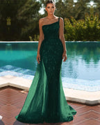 Sky Blue One Shoulder Mermaid Evening Dress with Sequins and Tulle BM bride