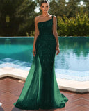 Sky Blue One Shoulder Mermaid Evening Dress with Sequins and Tulle BM bride
