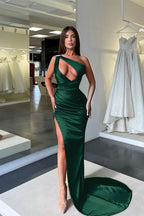 Chic Sleeveless One Shoulder Mermaid Long Split Evening Dress With Pleated BMBRIDE