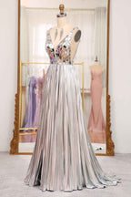 Sparkly A Line Deep V Neck Silver Long Prom Dress with Beading