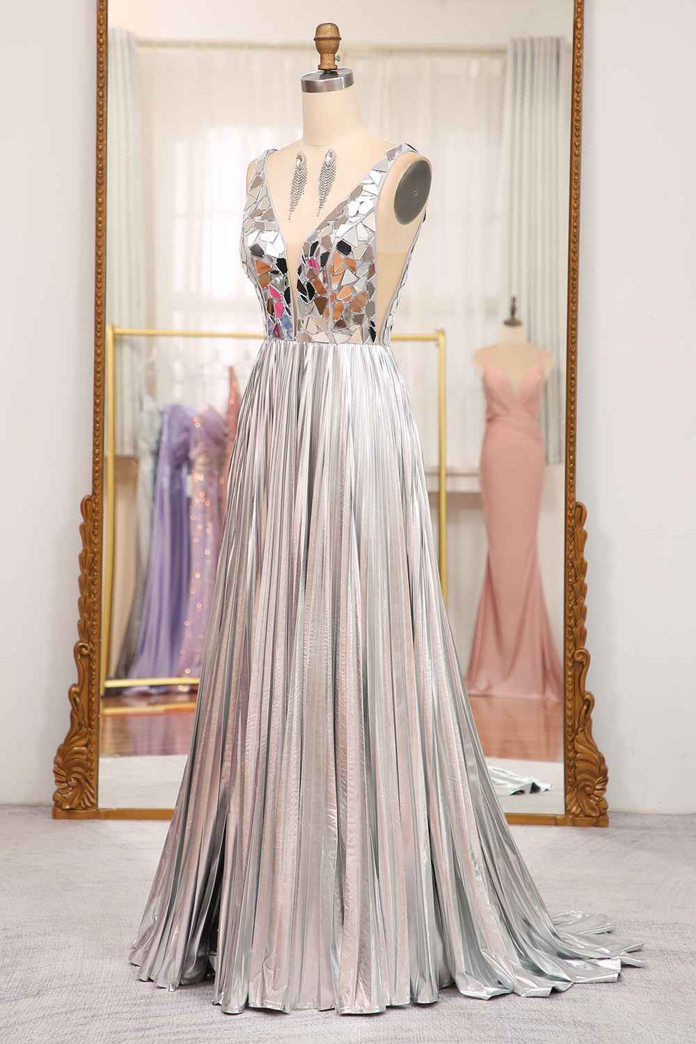 Sparkly A Line Deep V Neck Silver Long Prom Dress with Beading