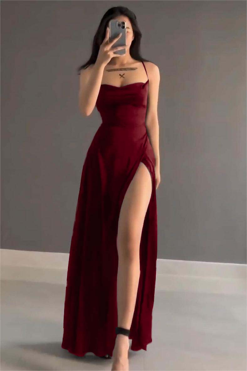 Simple Black Stain Spaghetti Strap Sleeveless Long Prom Dress With Split BMBRIDE