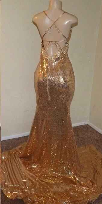 Champagne Gold Sequins Spaghetti Strap V Neck Sleeveless Mermaid Prom Dress