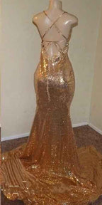 Champagne Gold Sequins Spaghetti Strap V Neck Sleeveless Mermaid Prom Dress