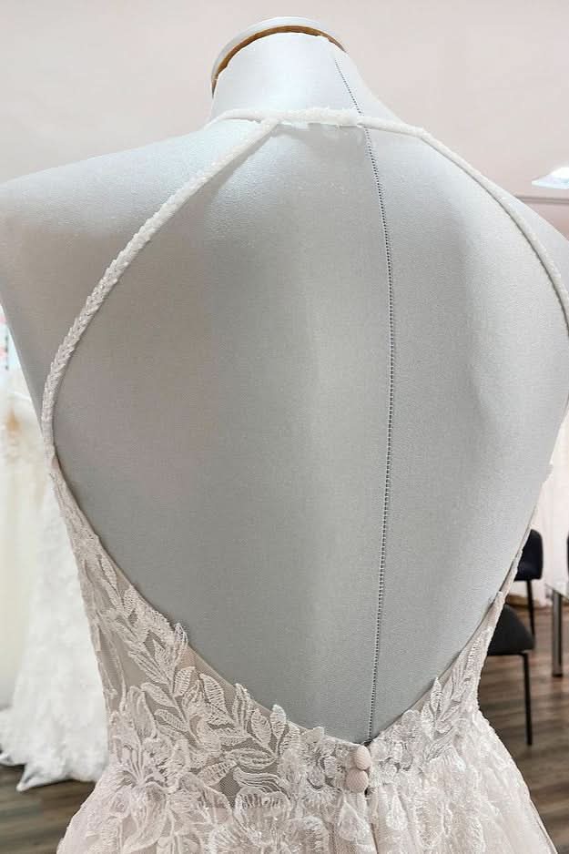 Halter Sleeveless A-Line Wedding Dress with Open Back, Lace, and Tulle BM bride