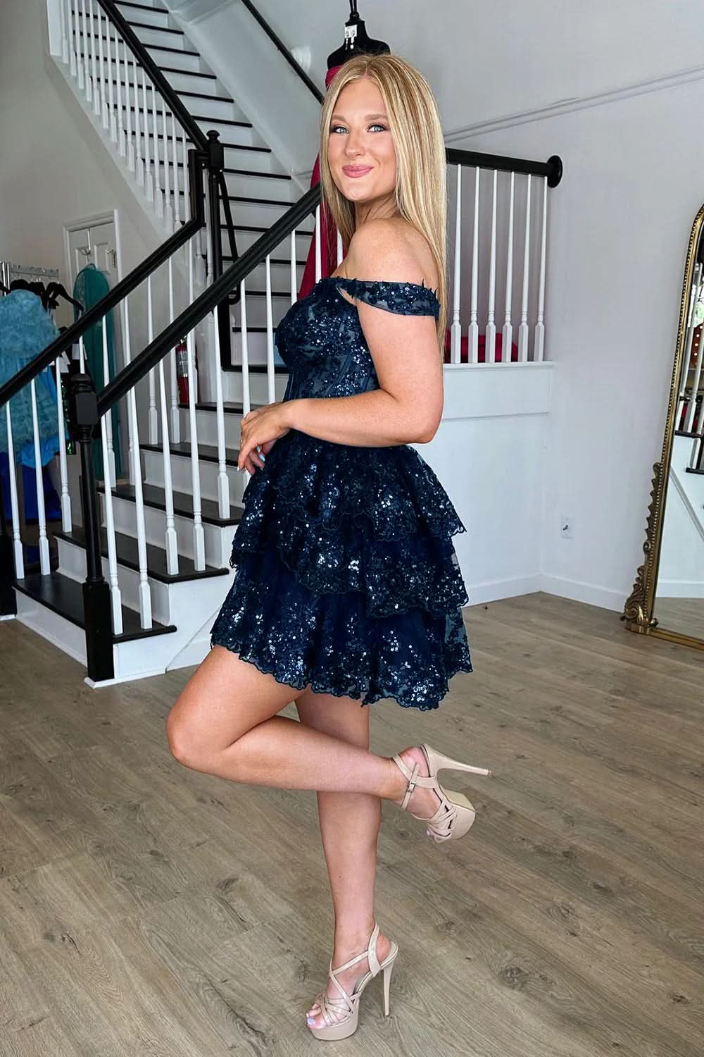 Sparkly Fuchsia Tiered Lace A-Line Short Homecoming Dress Bmbride