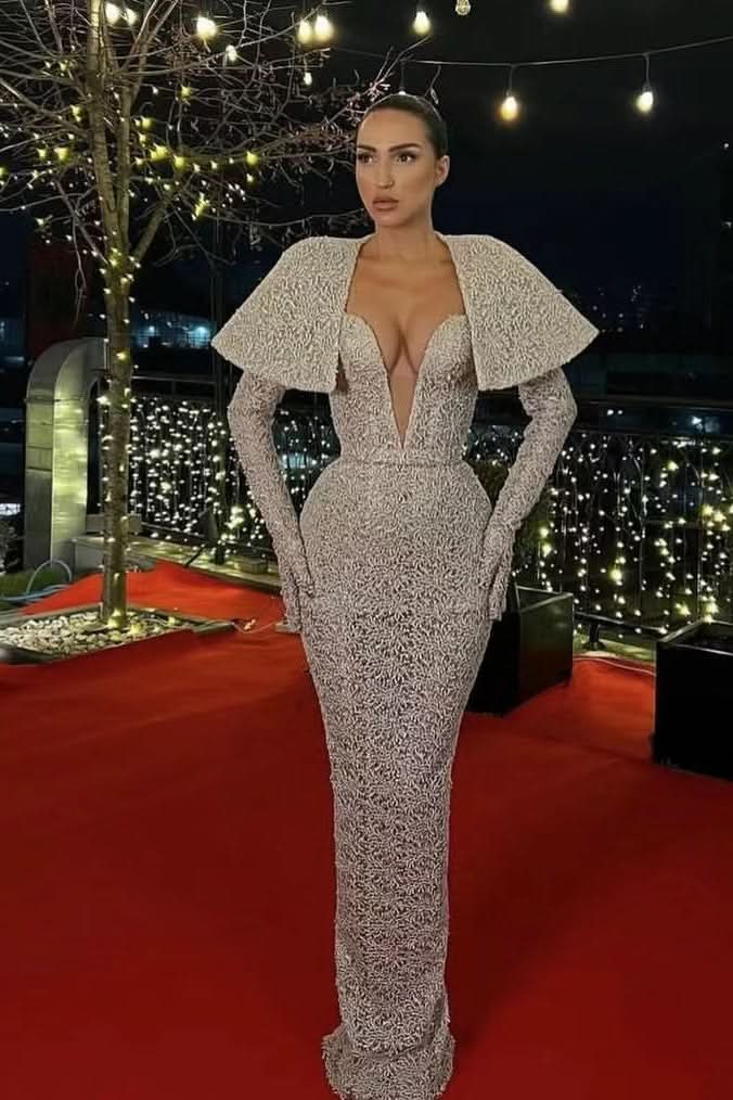 Silver Deep V-Neck Long Sleeves Mermaid Prom Dress with Sequins BM bride