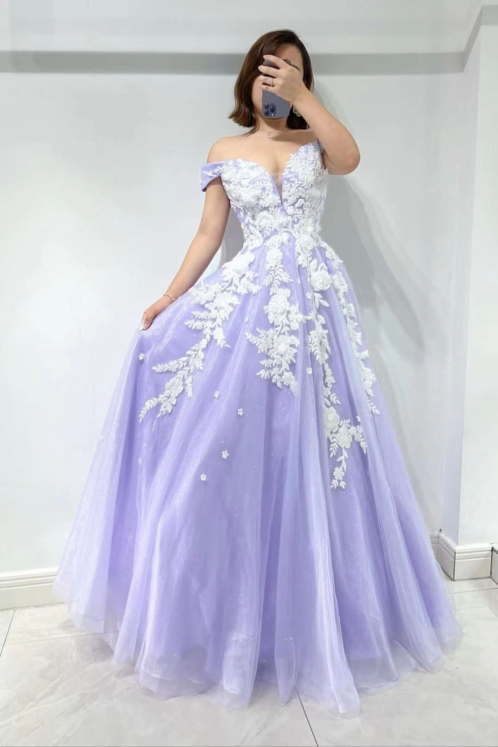 Amazing Lilac Sweetheart Off-The-Shoulder Tulle Evening Dress with Appliques BM bride