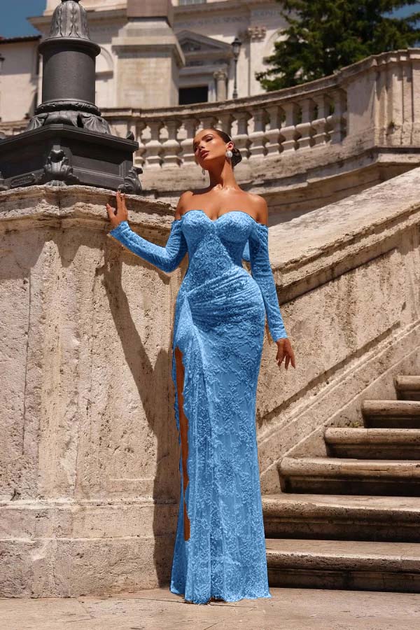 Off the Shoulder Long Sleeves Long Mermaid Prom Dress With Lace Appliques BMBRIDE