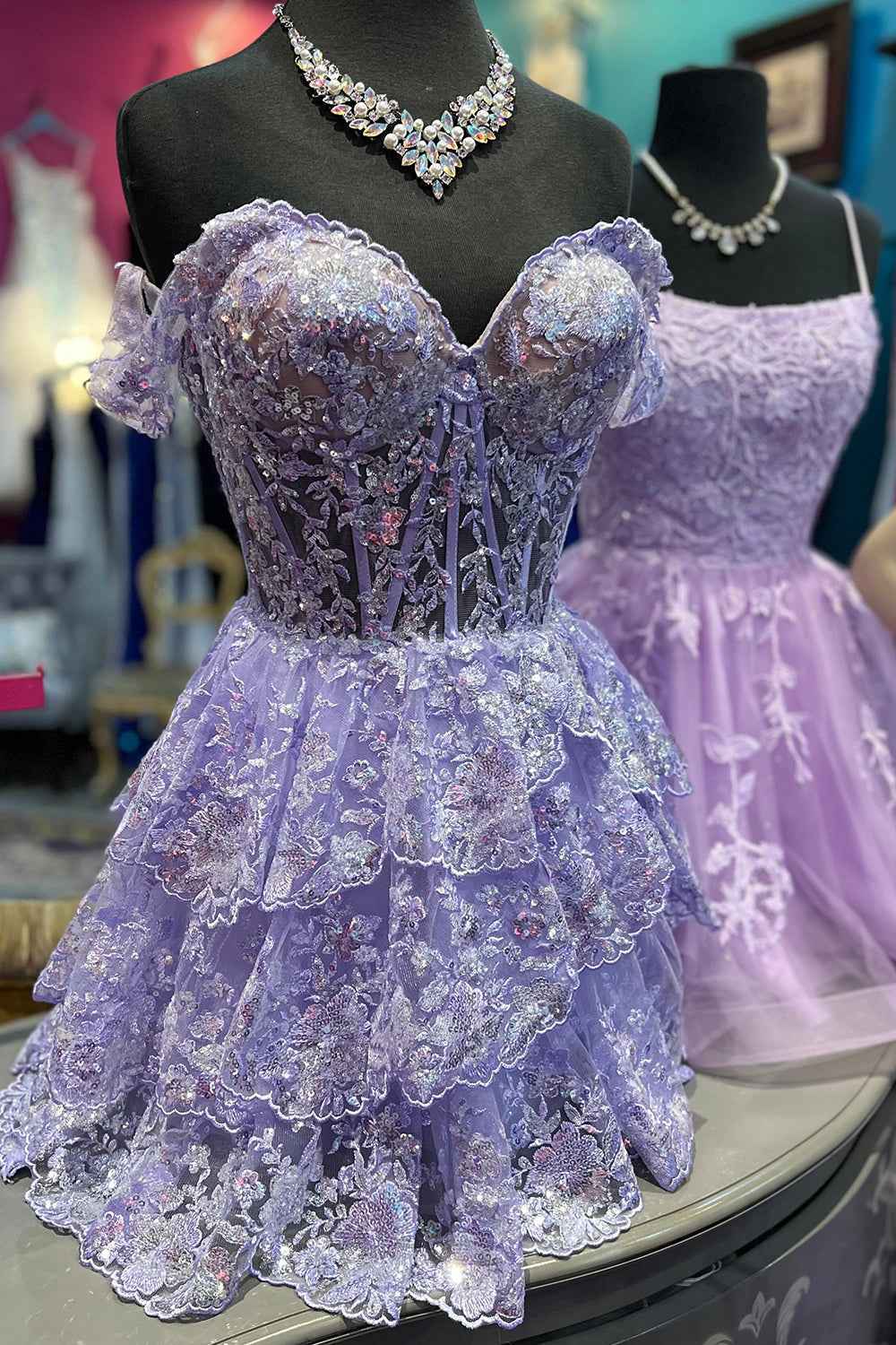 Sparkly Fuchsia A Line Tiered Lace Short Homecoming Prom Dress Bmbride