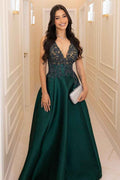 Straps Sleeveless V Neck A Line Long Prom Dress With Appliques