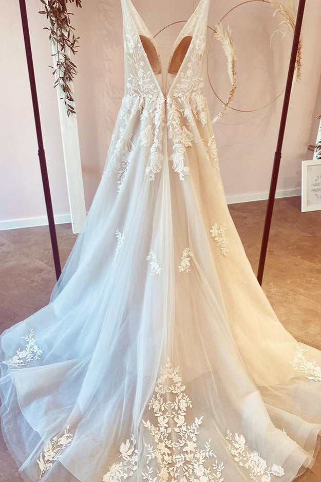 Deep V-Neck A-Line Floor-Length Tulle Wedding Dress with Floral Lace BM bride