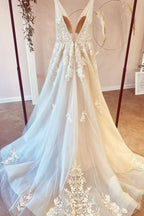 Deep V-Neck A-Line Floor-Length Tulle Wedding Dress with Floral Lace BM bride