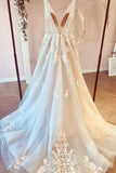 Deep V-Neck A-Line Floor-Length Tulle Wedding Dress with Floral Lace BM bride