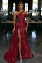 Blue One-Shoulder Evening Dress with Sequin Slit BM bride