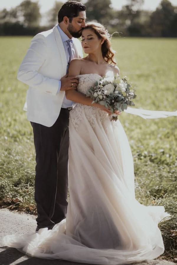 Long A-line Boho Off-the-shoulder Wedding Dress With Lace Tulle BM bride