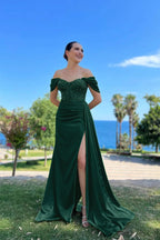 Off-the-Shoulder Sweetheart Beaded Mermaid Prom Dress with Front Split BM bride