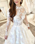 Long A-Line High Neck Open Back Wedding Dress with Lace Sleeves BM bride