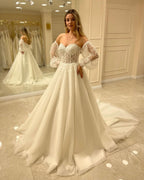 Sweetheart Long Sleeve Backless A-Line Train Wedding Dress with Lace Appliques BM bride