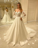 Sweetheart Long Sleeve Backless A-Line Train Wedding Dress with Lace Appliques BM bride