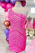 Fuchsia One Shoulder Sequins Tight Short Homecoming Dress Bmbride