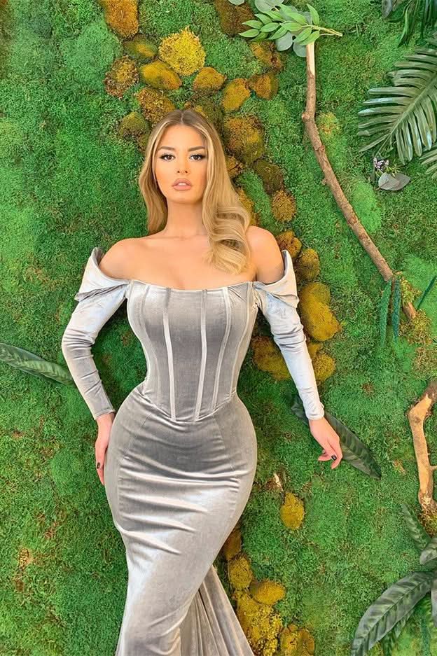Long Sleeves Velvet Mermaid Prom Dress BM bride