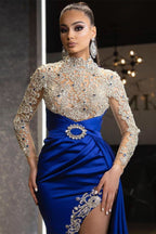 Royal Blue Long Sleeves Beadings Mermaid Prom Dress with Split and Ruffles BM bride