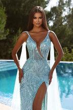 Sky Blue Spaghetti-Strap Mermaid Prom Dress with Beadings, Sequins, V-Neck, and Split BM bride