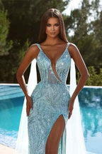 Sky Blue Spaghetti Strap Beading Mermaid V Neck Prom Dress Sequins With Split