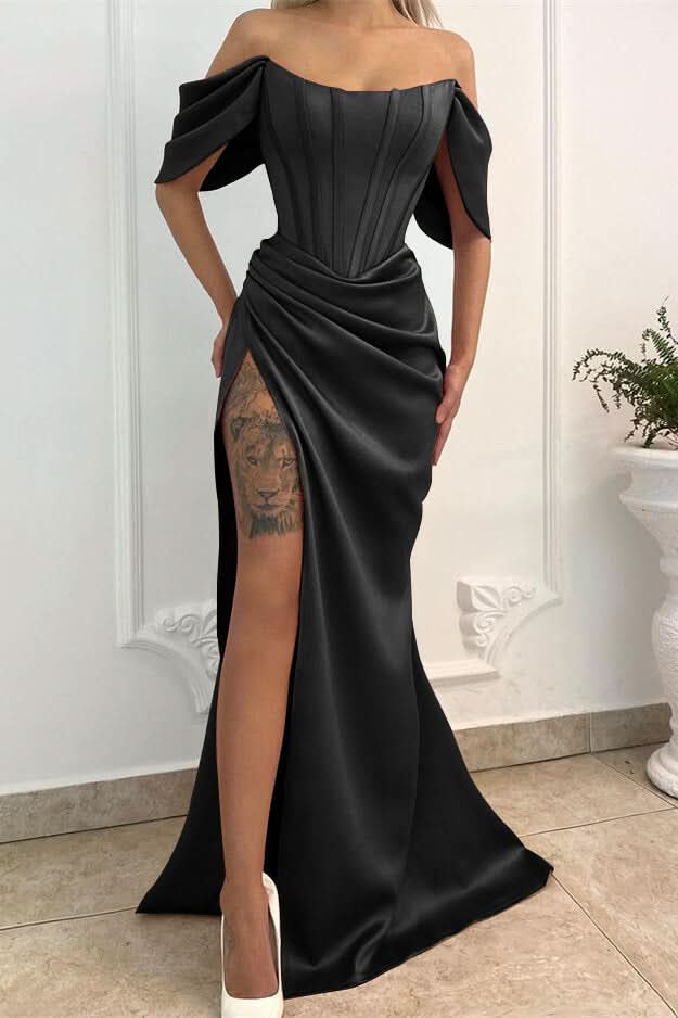 Off-the-Shoulder Long Mermaid Prom Dress with Split BM bride