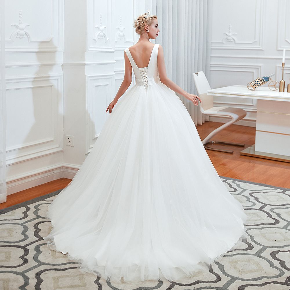 Wide Strap Deep V-Neck Floor-Length A-Line Wedding Dress with Tulle BM bride