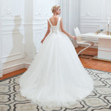 Wide Strap Deep V-Neck Floor-Length A-Line Wedding Dress with Tulle BM bride