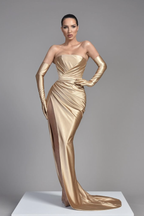 Champagne Half Sleeves Off-the-Shoulder Evening Dress with Pleated Slit BM bride