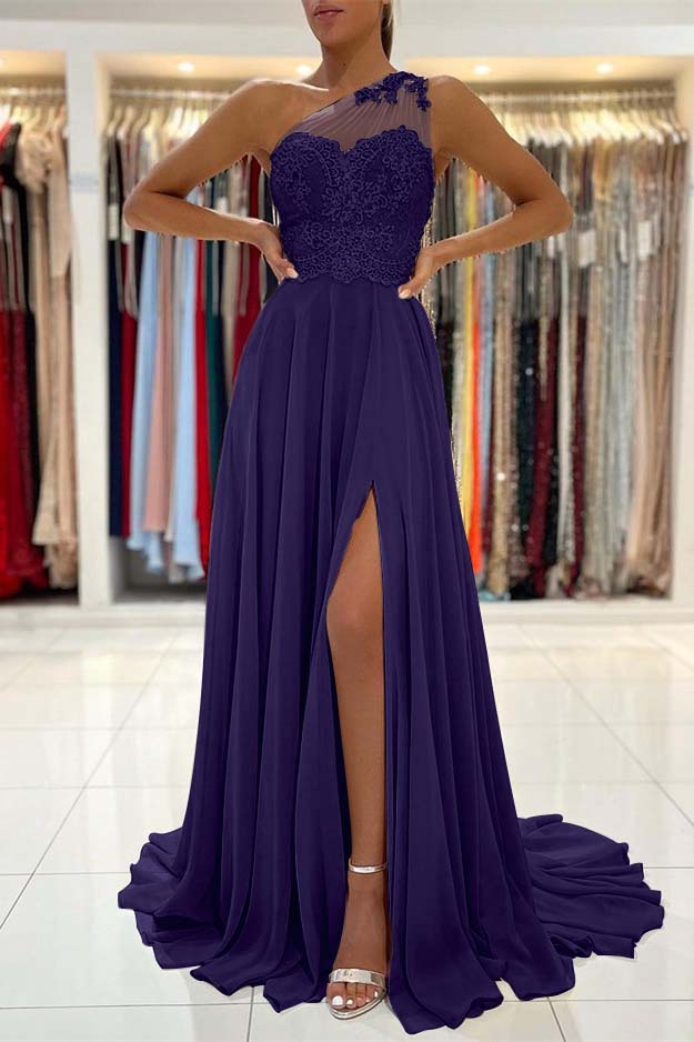 Glamorous One Shoulder Sleeveless Lace Appliques Prom Dress With Front Split BMBRIDE
