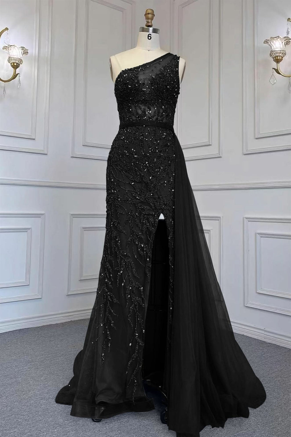 Elegant One Shoulder Tulle Evening Dress with Beadings, Slit, and Rhinestone BM bride