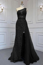 Elegant One Shoulder Tulle Evening Dress with Beadings, Slit, and Rhinestone BM bride
