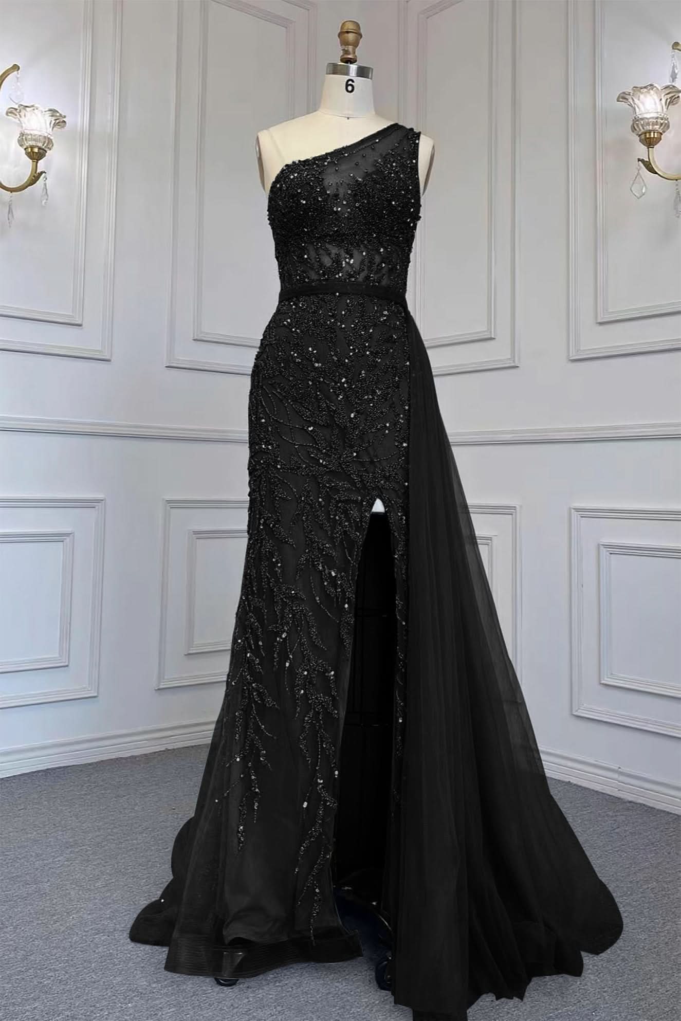 Elegant One Shoulder Tulle Evening Dress with Beadings, Slit, and Rhinestone BM bride