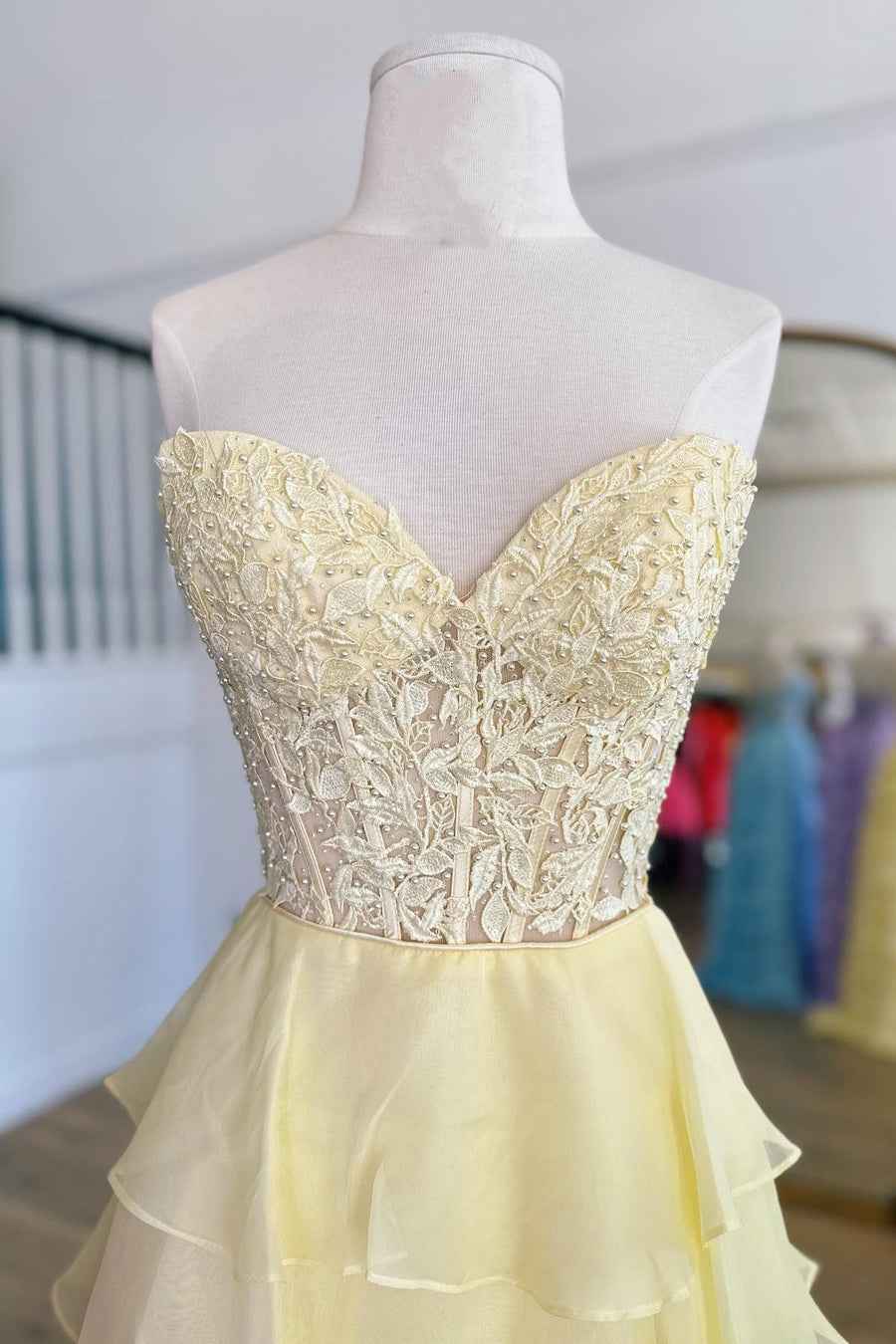 A Line Sweetheart Light Blue Long Tiered Chiffon Prom Dress with Appliques