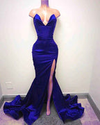 Strapless Sleeveless Mermaid V Neck Pleated Long Prom Dress With Side Split
