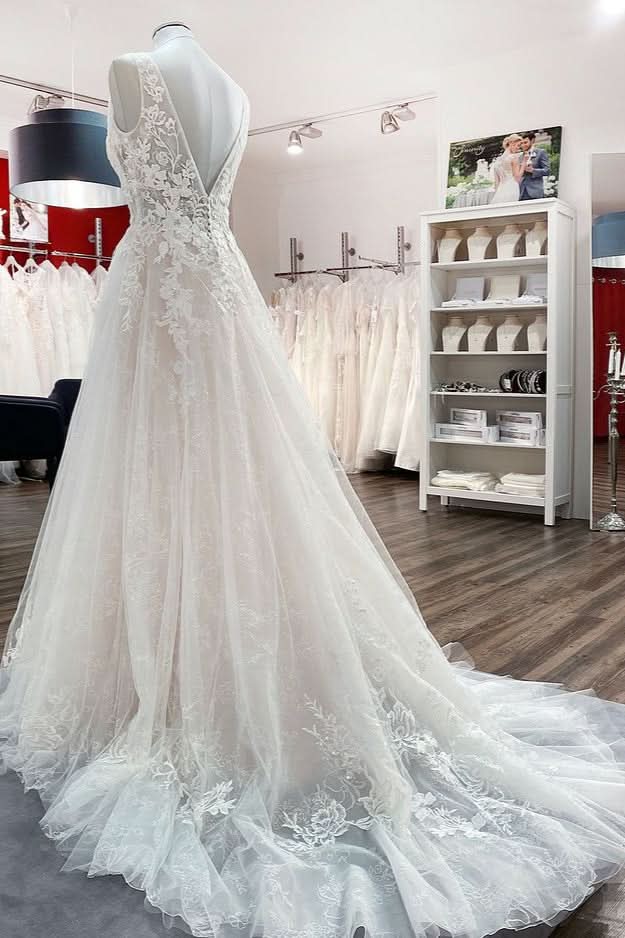 Deep V-Neck Sleeveless Long A-Line Wedding Dress with Open Back, Tulle, and Lace Appliques BM bride