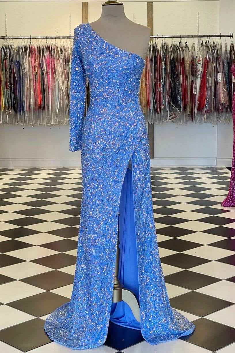 Charming Blue Sequins One Shoulder Strapless Long Sleeve Prom Dress With Split