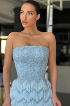 Charming Blue Evening Dress Off-the-Shoulder with Pleated Feather Beadings BM bride